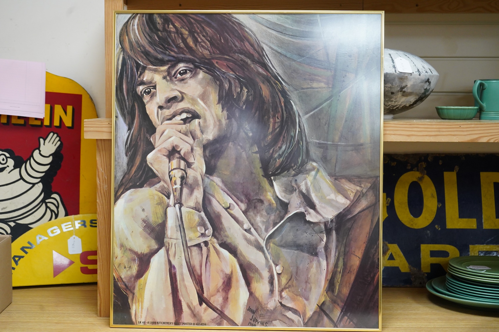 Rolling Stones interest; a 1960s framed poster after John Judkins, study of Mick Jagger, issued by Lord Kitchener‘s valet (LK48), framed, 70 x 59cm